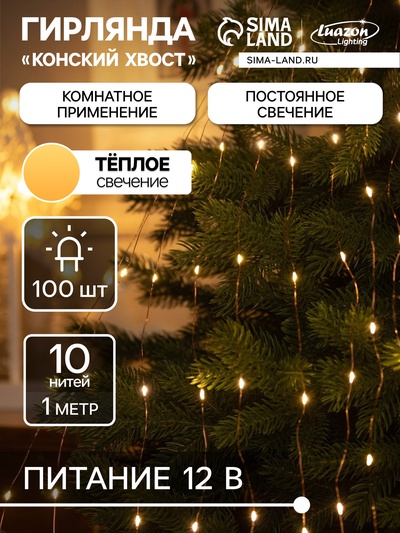 Гирлянда «Конский хвост» 10 нитей по 1 м, IP20, медная нить, 100 LED, свечение тёплое белое, 12 В