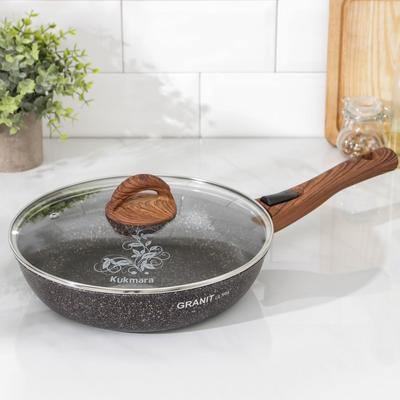 Сковорода KUKMARA Granit ultra, d=26 см, стеклянная крышка, антипригарное покрытие, съёмная ручка, алюминий, коричневая