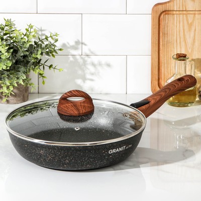 Сковорода KUKMARA Granit ultra, d=26 см, стеклянная крышка, съёмная ручка, антипригарное покрытие