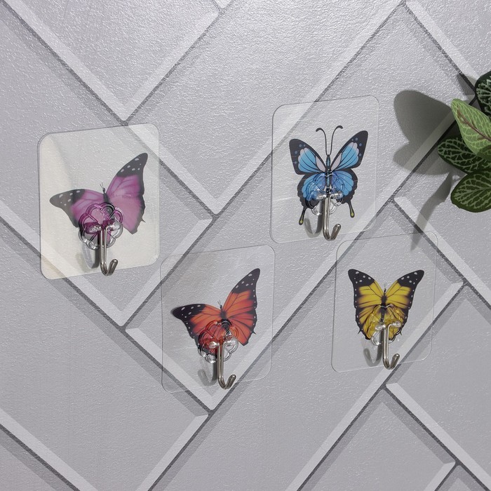 Крючок на липучке «Бабочки», 4 шт, цвет и рисунок МИКС - Фото 1