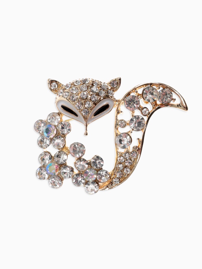 Брошь «Лиса» в цветах, цвет белый в золоте - Фото 1
