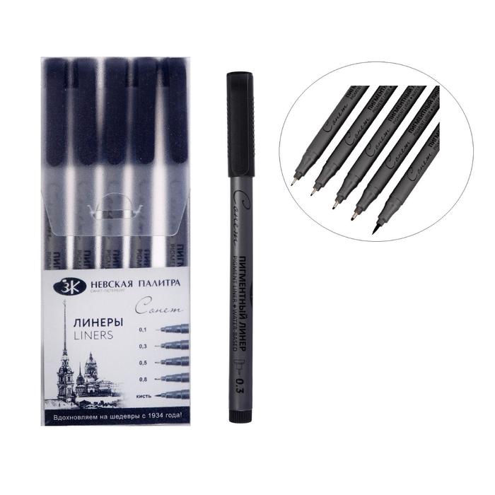 Набор ручек капиллярных ЗХК «Сонет», разные типы, 5 штук (0.1/.03./0.5/0.8/кисть), чёрный - Фото 1