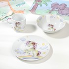 Набор детской посуды из керамики Доляна «Единорог», 3 предмета: кружка 230 мл, миска 400 мл, тарелка d=18 см, цвет белый - фото 318505472