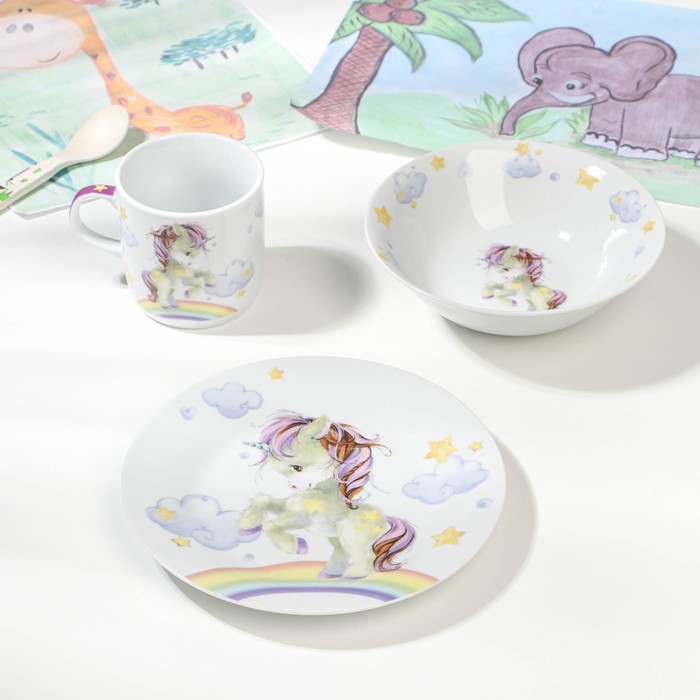 Набор детской посуды из керамики Доляна «Единорог», 3 предмета: кружка 230 мл, миска 400 мл, тарелка d=18 см, цвет белый