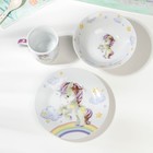 Набор детской посуды из керамики Доляна «Единорог», 3 предмета: кружка 230 мл, миска 400 мл, тарелка d=18 см, цвет белый - Фото 2