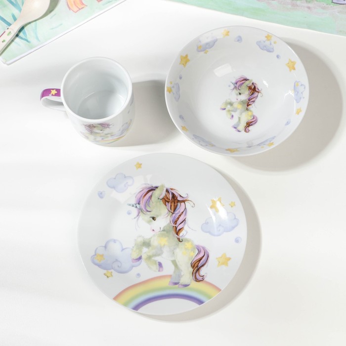 Набор детской посуды из керамики Доляна «Единорог», 3 предмета: кружка 230 мл, миска 400 мл, тарелка d=18 см, цвет белый - фото 1908679534