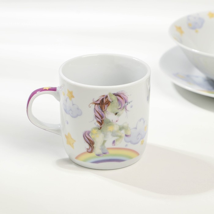 Набор детской посуды из керамики Доляна «Единорог», 3 предмета: кружка 230 мл, миска 400 мл, тарелка d=18 см, цвет белый - фото 1908679535