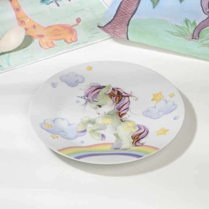 Набор детской посуды из керамики Доляна «Единорог», 3 предмета: кружка 230 мл, миска 400 мл, тарелка d=18 см, цвет белый - фото 1908679538