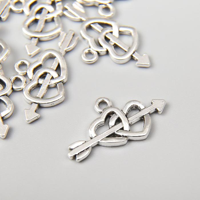 Декор металл для творчества "Двойное сердце со стрелой" серебро 1х2,3 см - Фото 1
