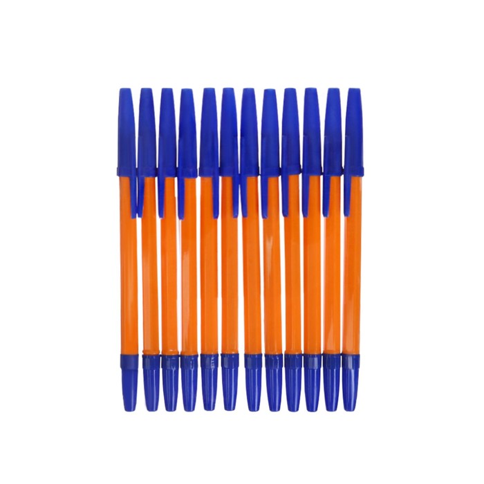 Набор ручек шариковых 12 штук, стержень 0,7 мм, синий, корпус оранжевый с синим колпачком - Фото 1