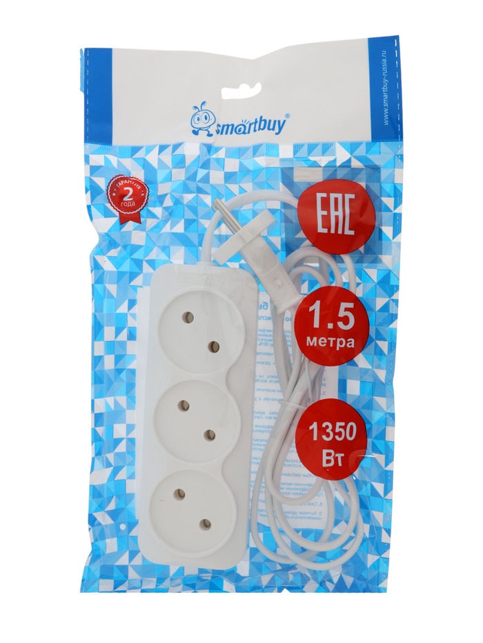 Удлинитель Smartbuy, 3 розетки, 1.5 м, 6 А, 1300 Вт, ШВВП 2×0.75 мм², без заземления, белый - фото 51874169