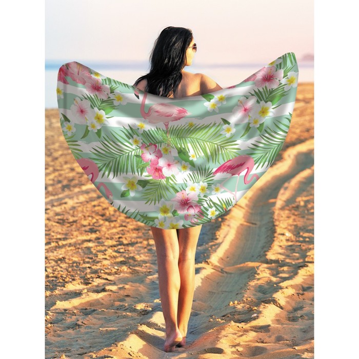 Парео и пляжный коврик «Фламинго с цветами», d = 150 см