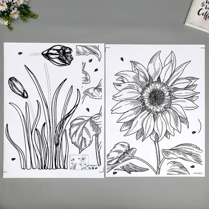 Наклейка интерьерная чёрная «Подсолнух и тюльпаны», набор 2 листа, 45×60 см - Фото 1