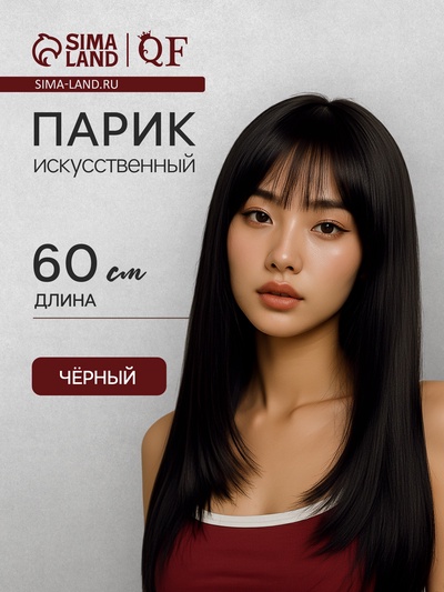Парик искусственный, с чёлкой, имитация кожи, 60 см, 240 г, чёрный