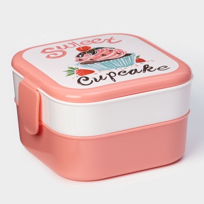 Ланч-бокс в школу IDEA «Капкейки», 800 мл, 12.5×13×8.5 см, 2 отделения, пластик, бело-розовый