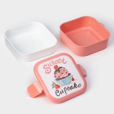 Ланч-бокс в школу IDEA «Капкейки», 800 мл, 12.5×13×8.5 см, 2 отделения, пластик, бело-розовый