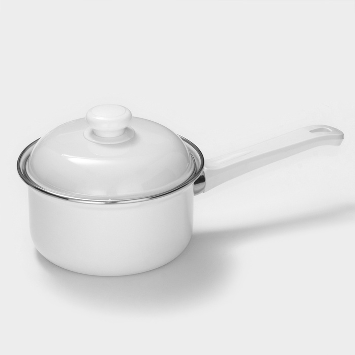 Ковш эмалированный, 1 л, цилиндрический, с крышкой, без деколи, индукция, белый - Фото 1