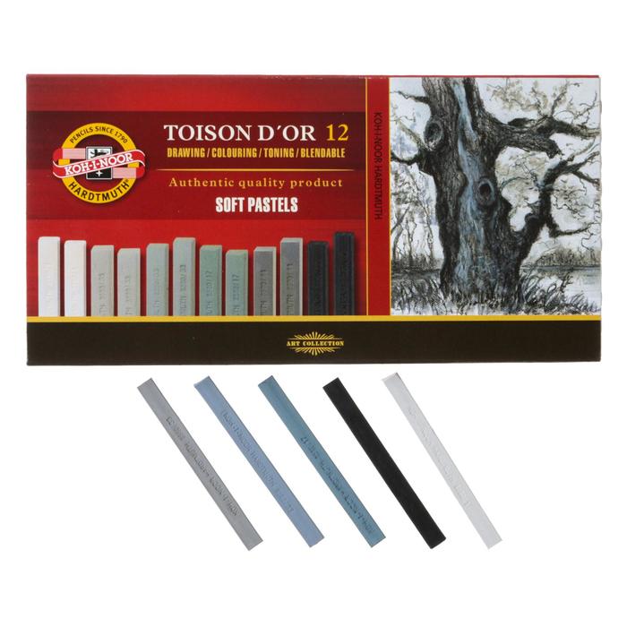 Пастель сухая художественная 12 цветов, Soft Koh-I-Noor TOISON D`OR 8592, 2B, градация серого - Фото 1