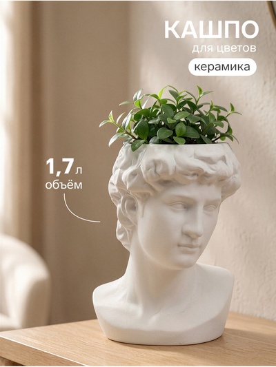 Декоративное кашпо для цветов «Голова Давида», 1.7 л, 16×14×22 см, керамическое, белое