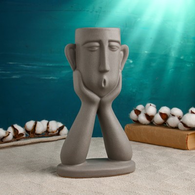 Фигурное кашпо для цветов «Голова юноши», 600 мл, h=26 см, керамика, серое