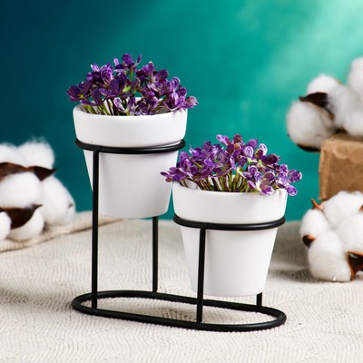 Кашпо для цветов «Дуэт», 100 мл, d=5.5 см, h=8 см, керамическое, на металлической подставке, набор 2 шт.