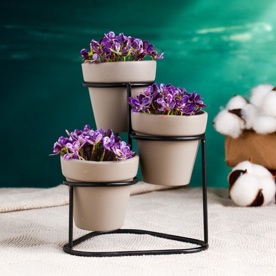 Набор кашпо для цветов «Трио», керамика, на подставке, серый, 3 шт.