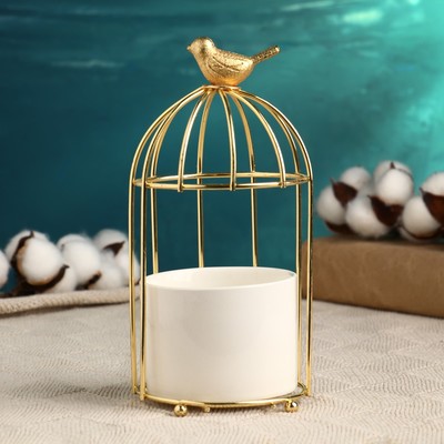 Фигурное кашпо для цветов «Золотая клетка», 220 мл, 20×9×9 см, керамика, на золотистой подставке, белое