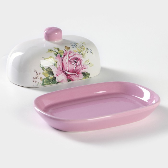 Маслёнка Доляна «Роза», 17,2×12,4×8,5 см, цвет розовый и белый - фото 1907223530