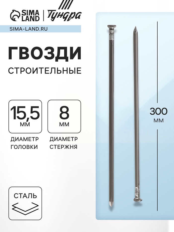 Гвозди ТУНДРА, строительные, ГОСТ 4028-63, без покрытия, 8×300 мм, 5 кг - Фото 1