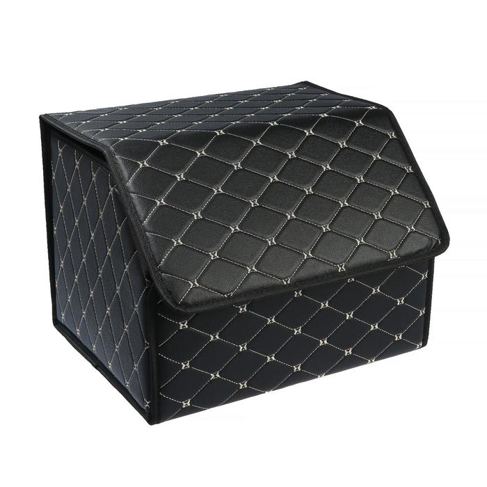 Органайзер саквояж в багажник автомобиля, 40×32×30 см, экокожа, черный с белой строчкой - Фото 1