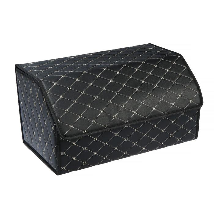 Органайзер саквояж в багажник автомобиля, 55×32×30 см, экокожа, черный с белой строчкой - Фото 1