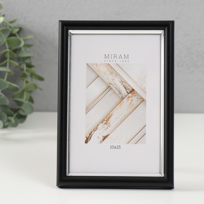 Фоторамка для фото 10×15 см «МИРАМ», пластик, чёрный с серебром, (пластиковый экран)