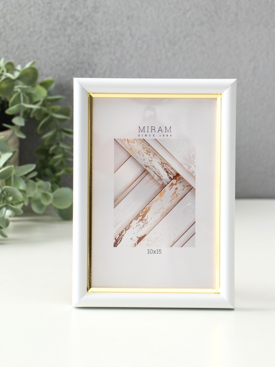 Фоторамка для фото 10×15 см «МИРАМ», пластик, белый с золотом, (пластиковый экран)