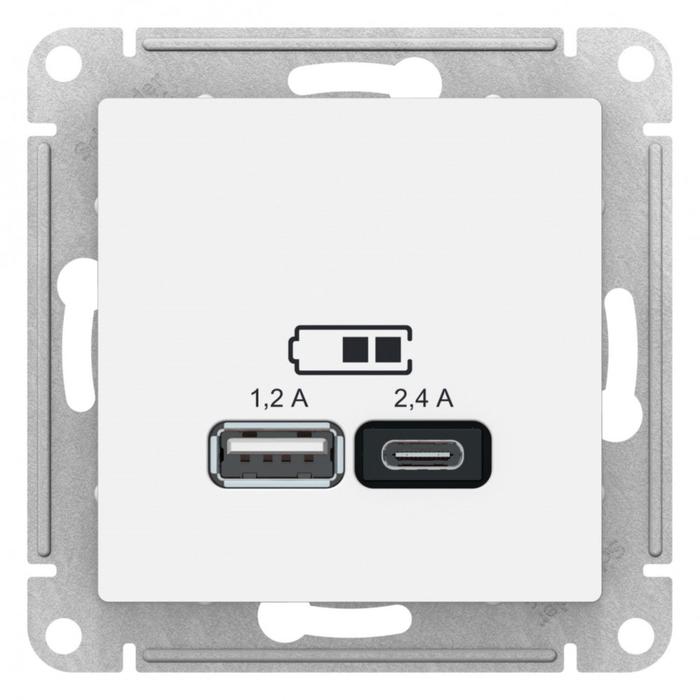 Розетка SE AtlasDesign, USB, A+С, 5В/2,4 А, 2х5В/1,2 А, механизм, белая - Фото 1