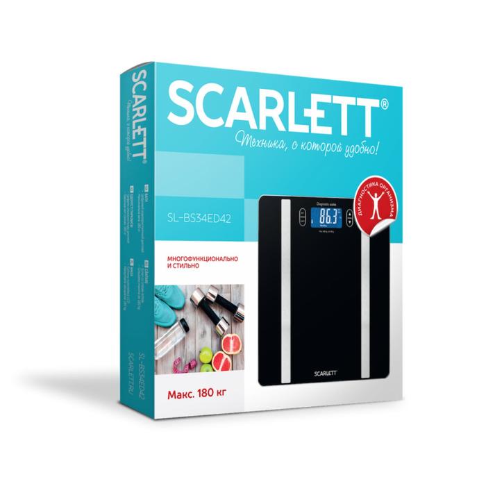 Весы напольные Scarlett BS34ED42, диагностические, до 180 кг, 1хCR2032, стекло, чёрные - фото 51356548