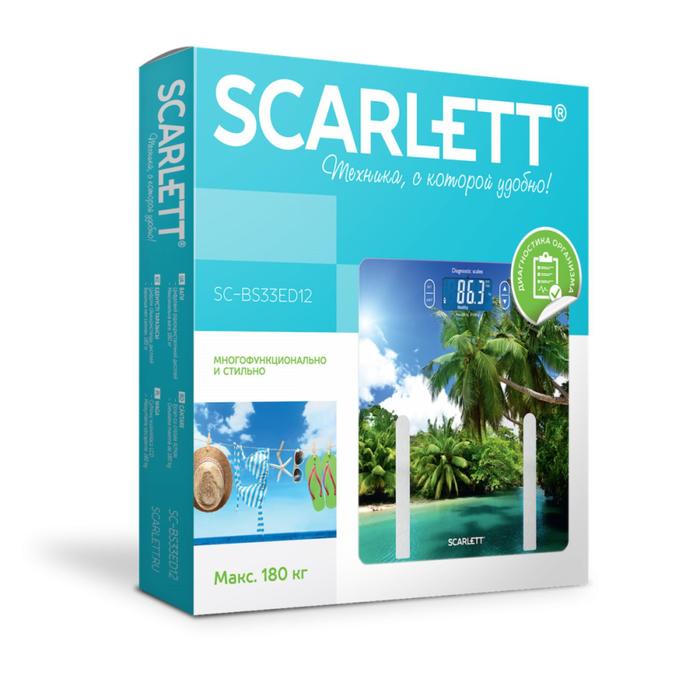 Весы напольные Scarlett BS33ED12, диагностические, до 180 кг, 1хCR2032, стекло, "пальмы" - фото 51356550