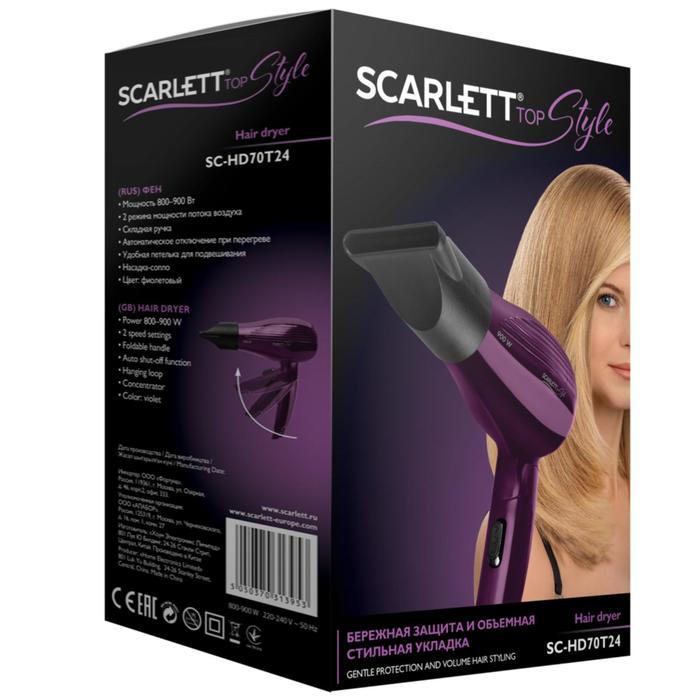 Фен Scarlett SC-HD70T24, 900 Вт, 2 скорости, 1 температурный режим, фиолетовый - фото 51496742