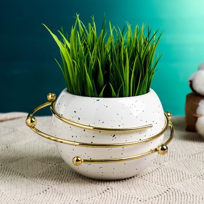 Фигурное кашпо для цветов «Сатурн», 10×10×6.5 см, керамика, металл, белое