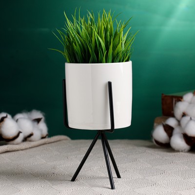 Декоративный горшок для цветов «Цилиндр», 300 мл, 15×8×8 см, керамика, на чёрной подставке, белый