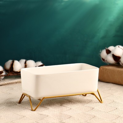 Горшок для цветов «Бонсайница» керамический, для кактусов и суккулентов, 500 мл, 17×8.5×8.5 см, белый, на металлической золотистой подставке