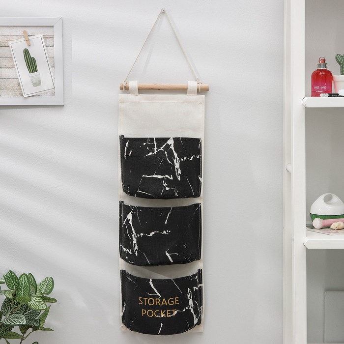 Органайзер подвесной с карманами Доляна «Мрамор», 3 отделения, 20×58 см, цвет чёрный - Фото 1