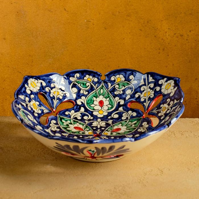 Фруктовница Риштанская Керамика Цветы,  26 см, синяя