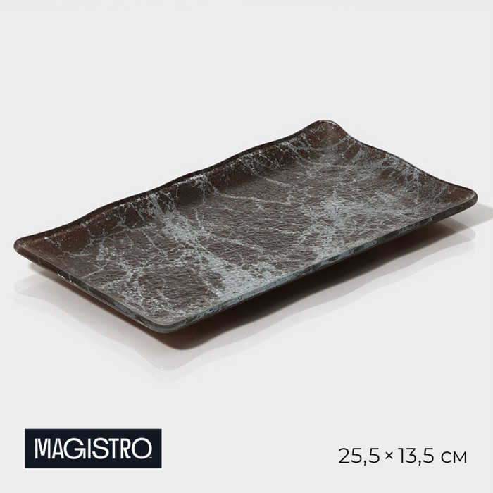 Блюдо стеклянное сервировочное прямоугольное для подачи Magistro «Мрамор», 25,5×13,5×1,5 см, цвет графит - Фото 1