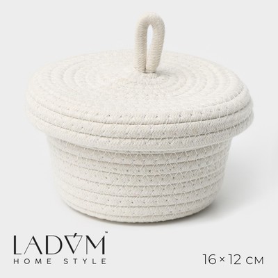 Корзина для хранения LaDо́m «Белл», плетёная, ручной работы, с крышкой, хлопок, 16×16×12 см, белая