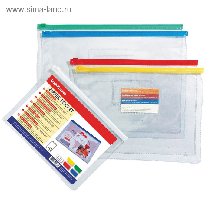 Папка-конверт на ZIP-молнии А5, 140 мкм, ErichKrause PVC Zip Pocket, до 100 листов, прозрачная, микс