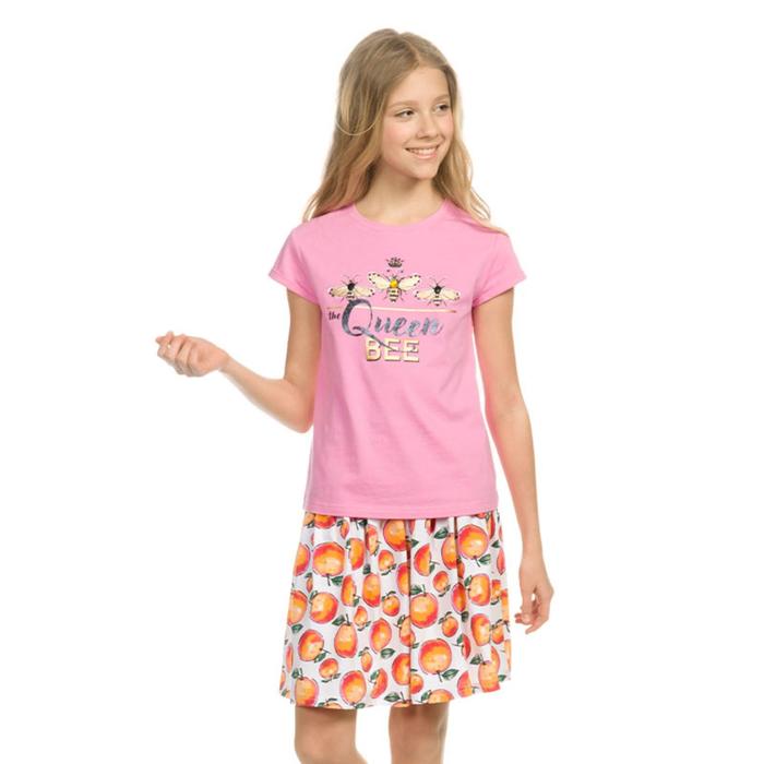 Комплект из футболки и юбки для девочек, рост 140 см, цвет розовый