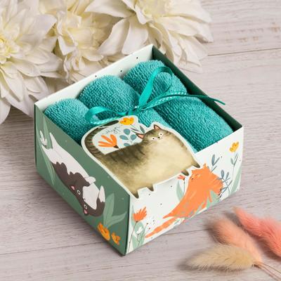 Салфетки махровые «Этель. Котики», 30×30 см, хлопок 100%, бирюзовые