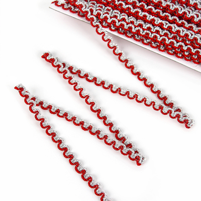 Тесьма красно-серебряная «Волна», ширина 0,8 см, в упаковке 25 м