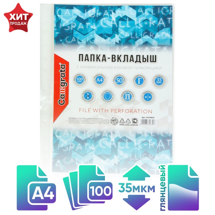 Файл - вкладыш Calligrata, А4, 35 мкм, глянцевый, вертикальный, 100 штук - Фото 1