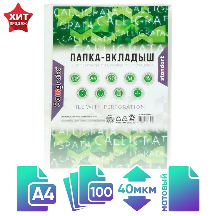 Файл-вкладыш А4, 40 мкм, Calligrata, матовый, вертикальный, 100 штук - Фото 1